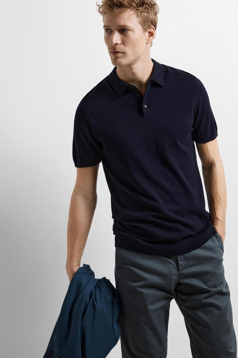 Трикотажная рубашка-поло с короткими рукавами из 100% хлопка Selected, темно-синий фото