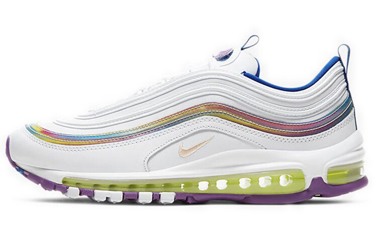 

Nike Wmns Air Max 97 SE, Белые переливающиеся полосы, Белый/Размытый коралловый/Фиолетовый/Синий/Вольт