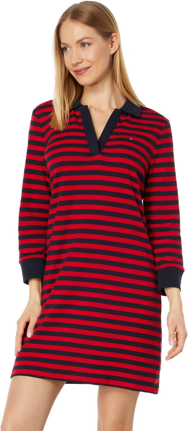 

Платье с воротником Johnny и рукавами 3/4 в полоску Tommy Hilfiger, цвет Bi Stripes/Scarlet/Sky Captain