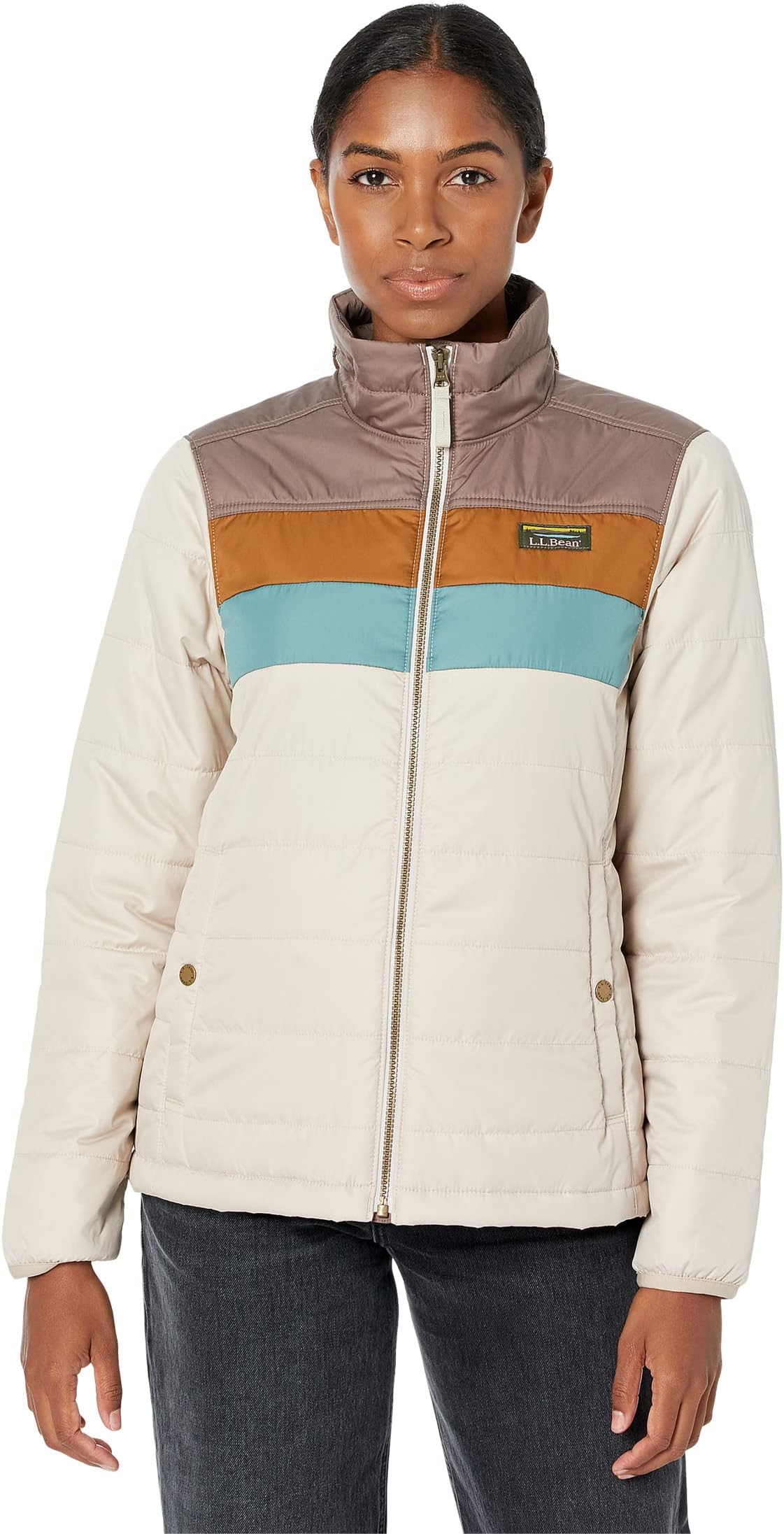 Классическая куртка-пуховик Petite Mountain в стиле колор-блок L.L.Bean, цвет Taupe Brown/Gray Birch