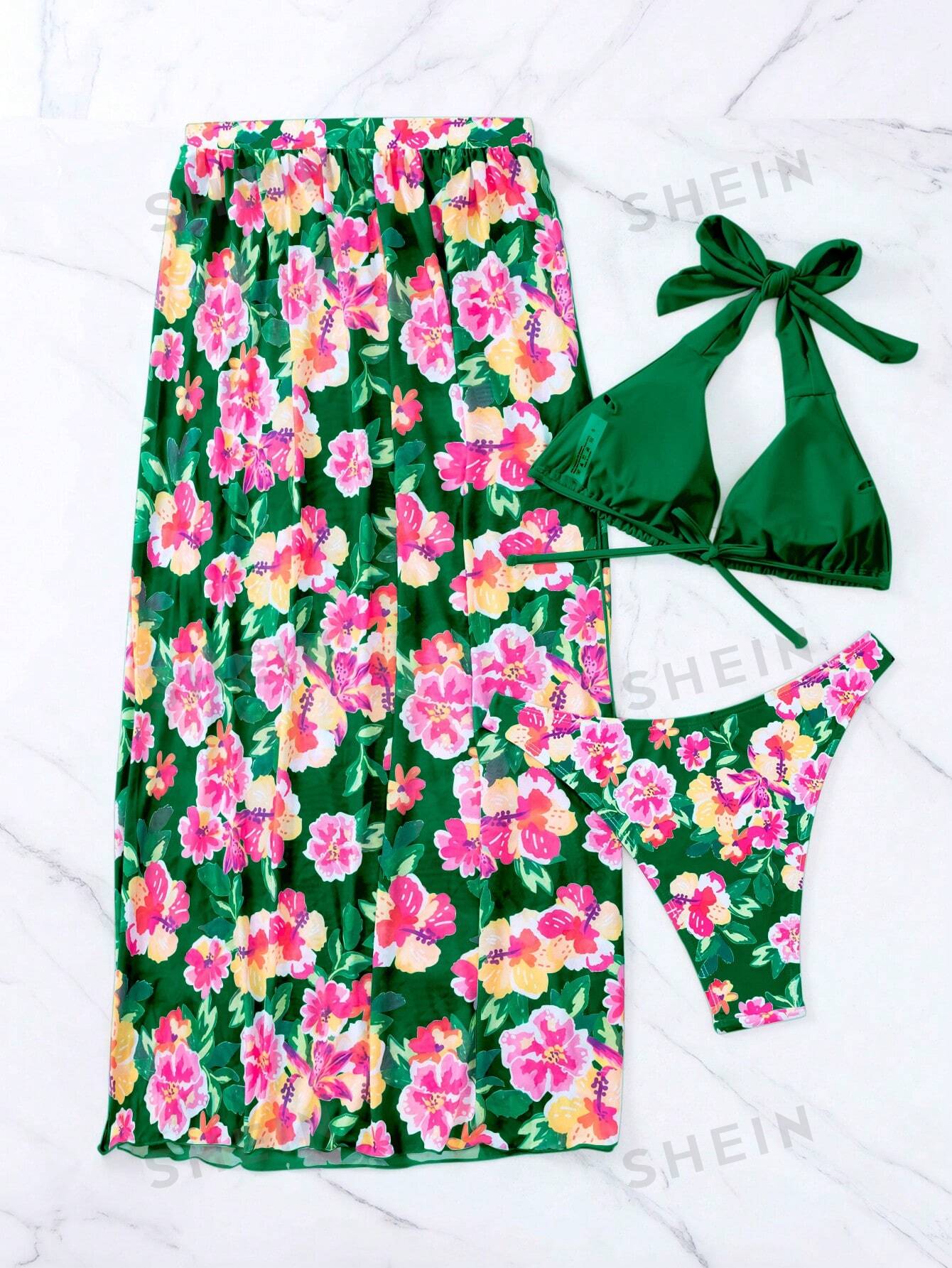 цена SHEIN Swim Vcay Комплект пляжного купальника с цветочным принтом, зеленый
