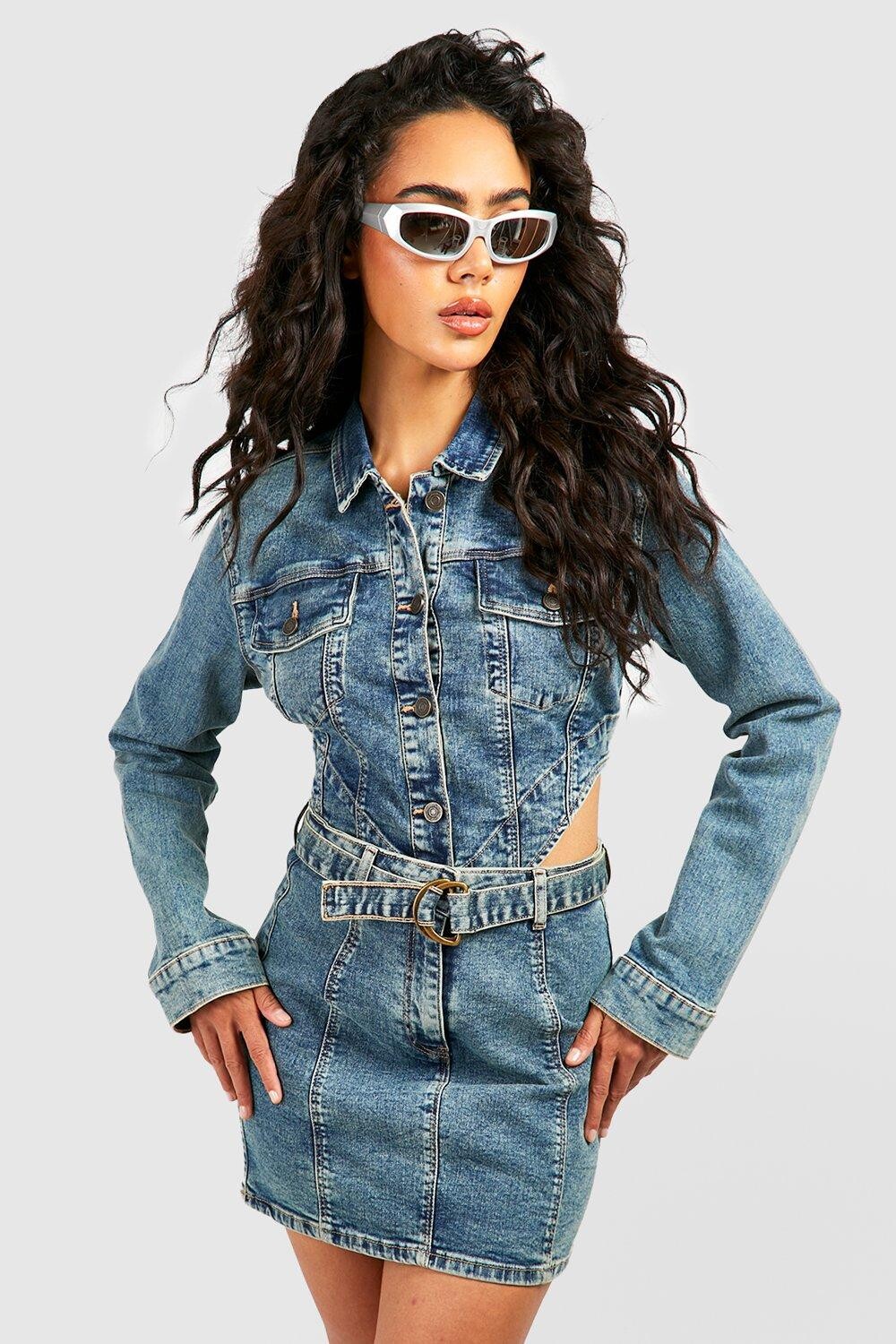 

Джинсовая куртка с изогнутым нимом в винтажном оттенке Boohoo, синий