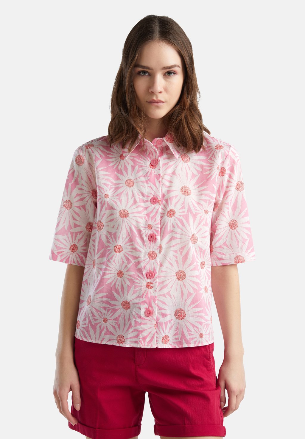 Блузка-рубашка SHORT SLEEVE PATTERNED United Colors of Benetton, цвет pink Benetton