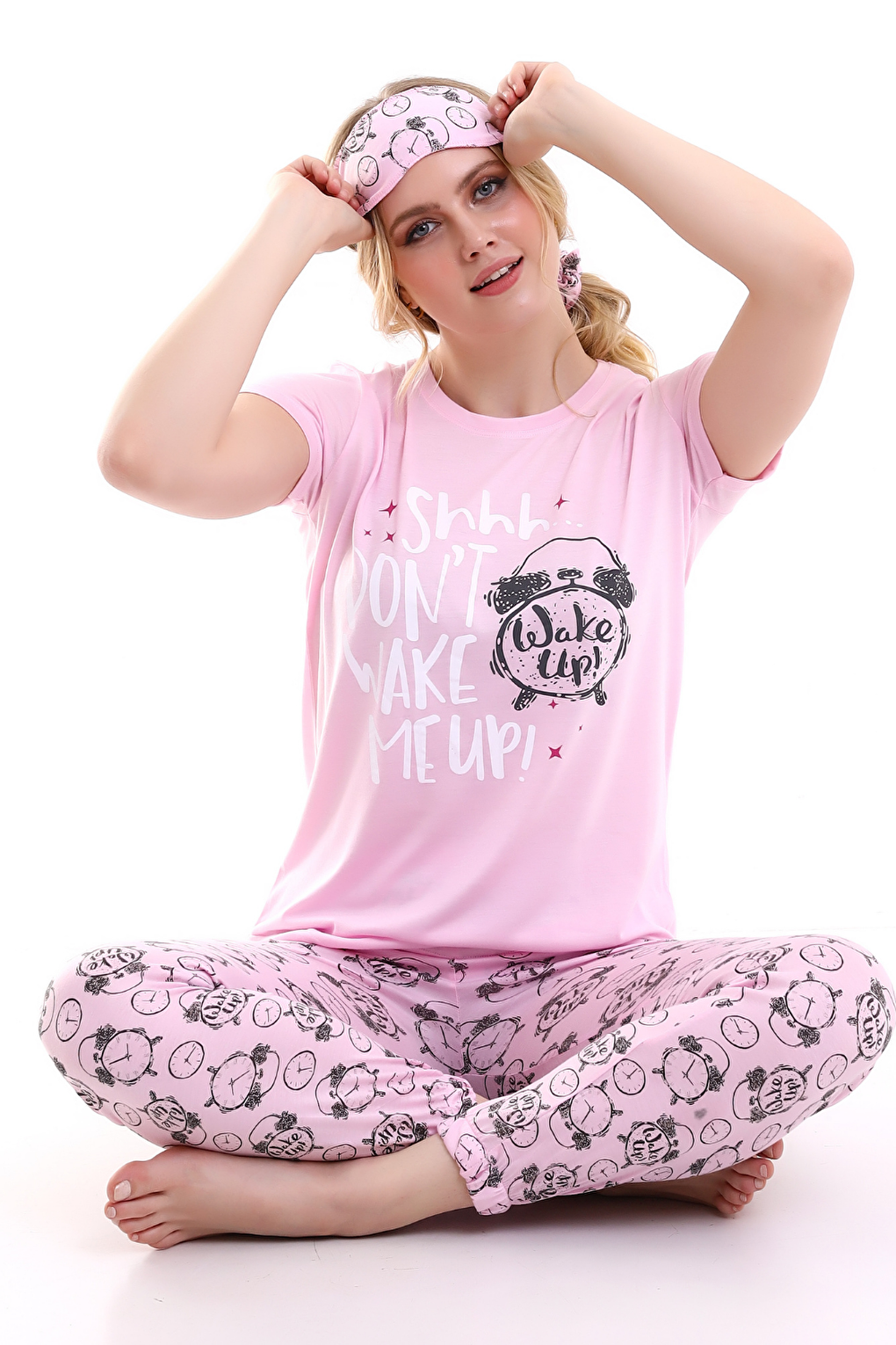 Розовый женский пижамный комплект с короткими рукавами и принтом Sleep Tape Wake Up CALİMERA MODA calimera hane garden hotel