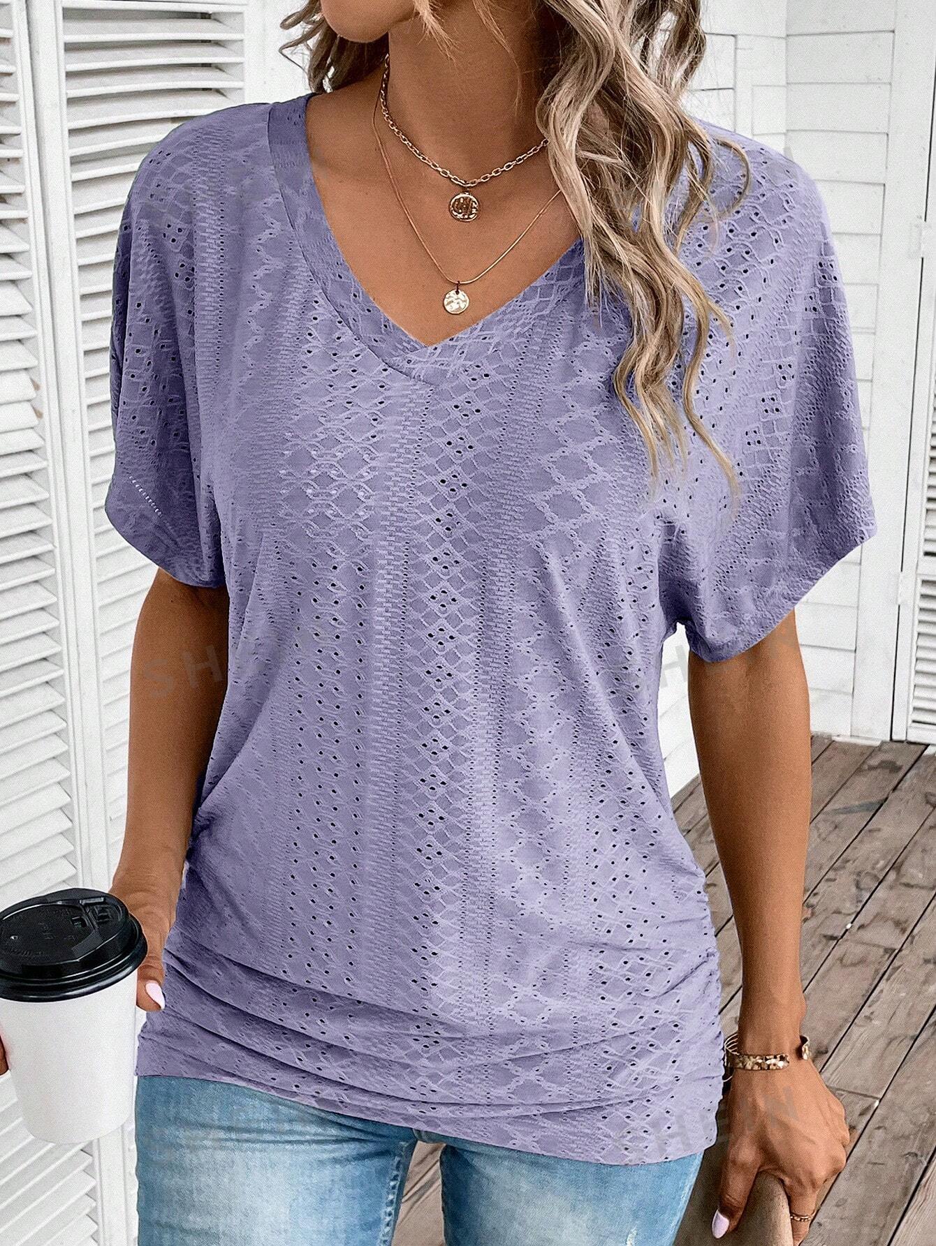 SHEIN LUNE Женская однотонная футболка с вышивкой и рукавами «летучая мышь», фиолетовый
