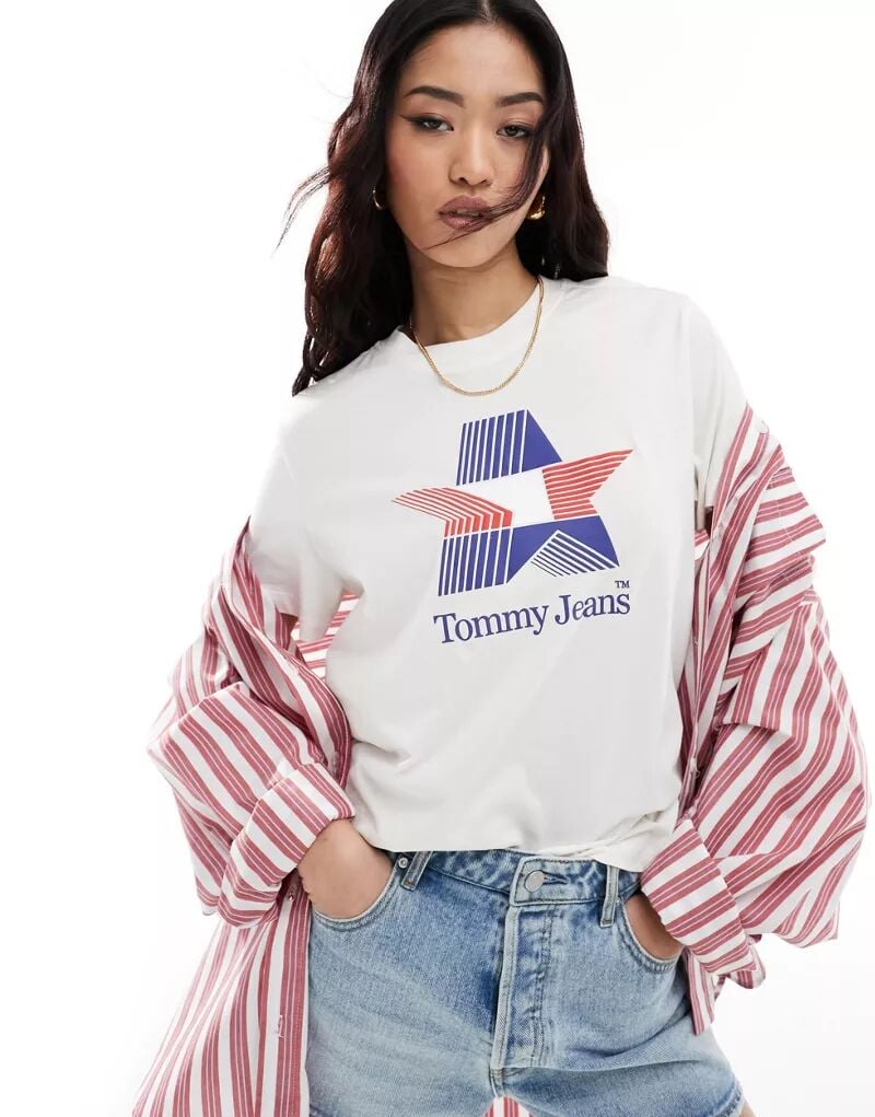 

Белая футболка с рисунком Tommy Jeans, Коричневый