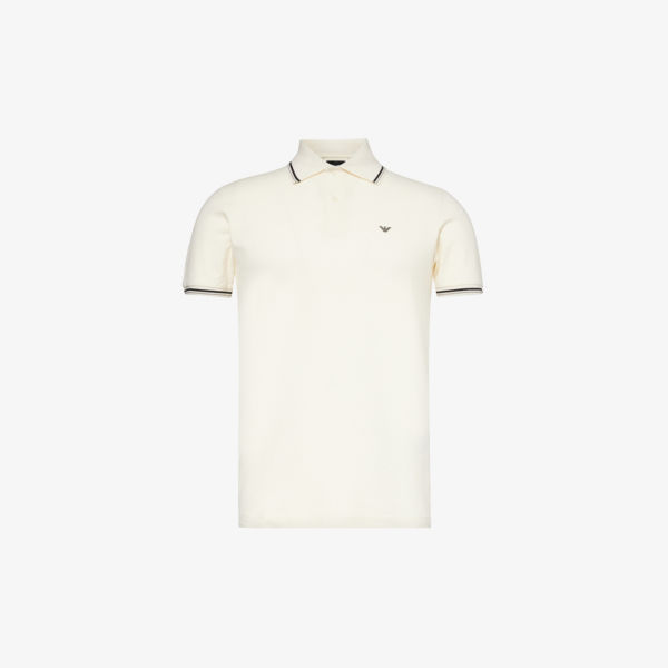 Рубашка-поло из эластичного хлопка с фирменной нашивкой и раздельным краем Emporio Armani, цвет vaniglia
