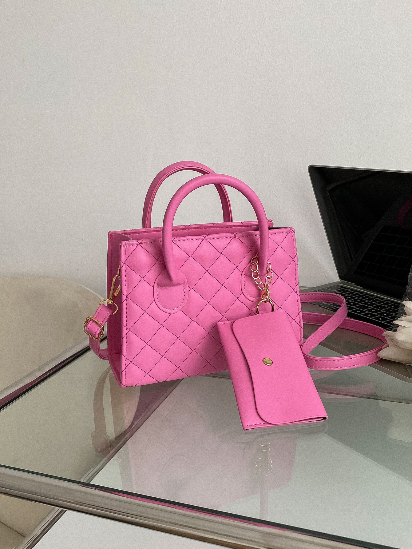 Легкая деловая повседневная стеганая квадратная сумка с портмоне для девочек-подростков, розовый фото