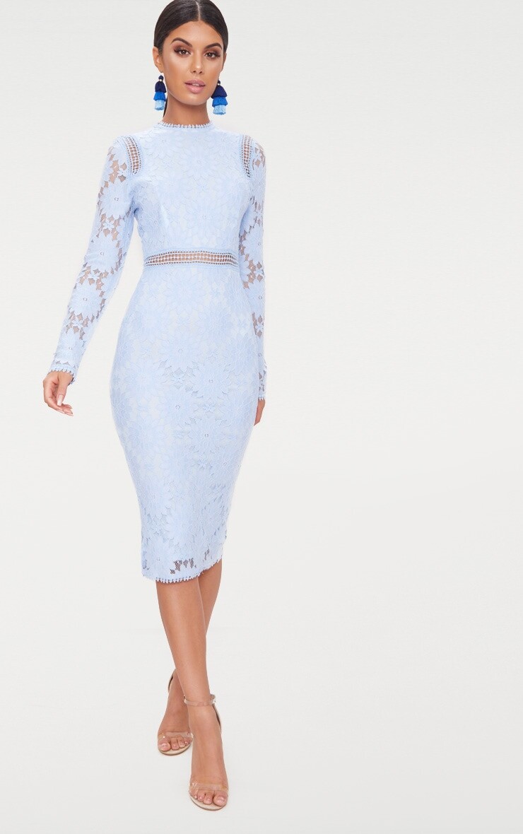 

PrettyLittleThing Пыльно-синее кружевное облегающее платье с длинными рукавами