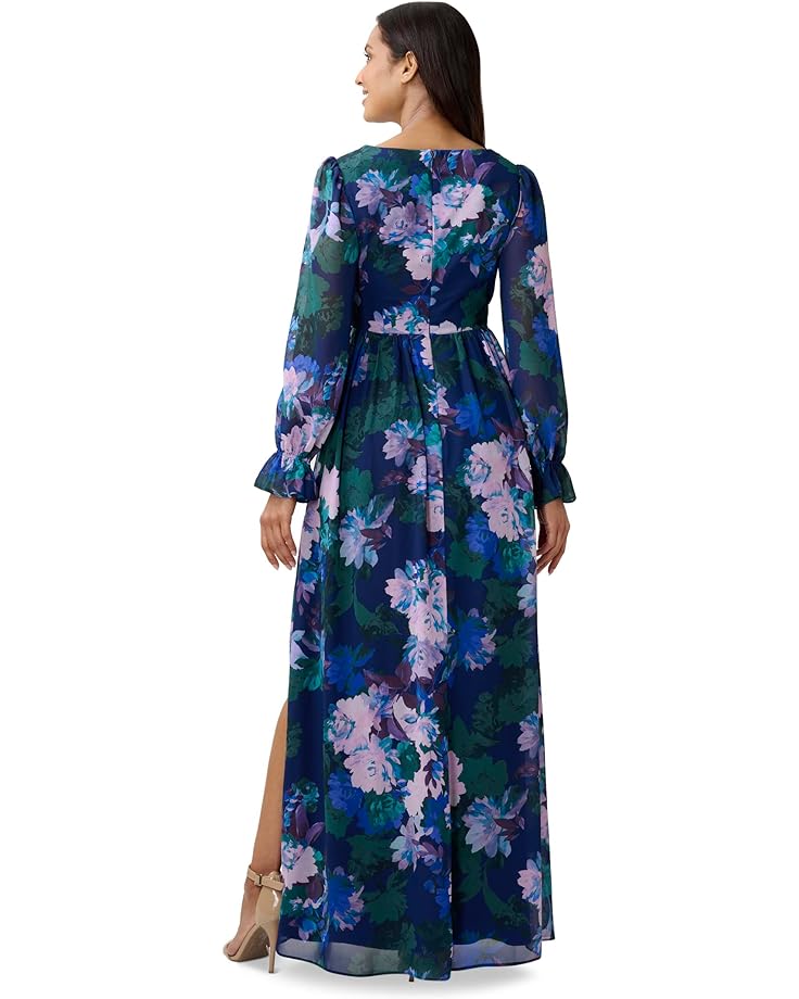 Платье Adrianna Papell Long Sleeve Printed Chiffon Gown, цвет Navy Multi