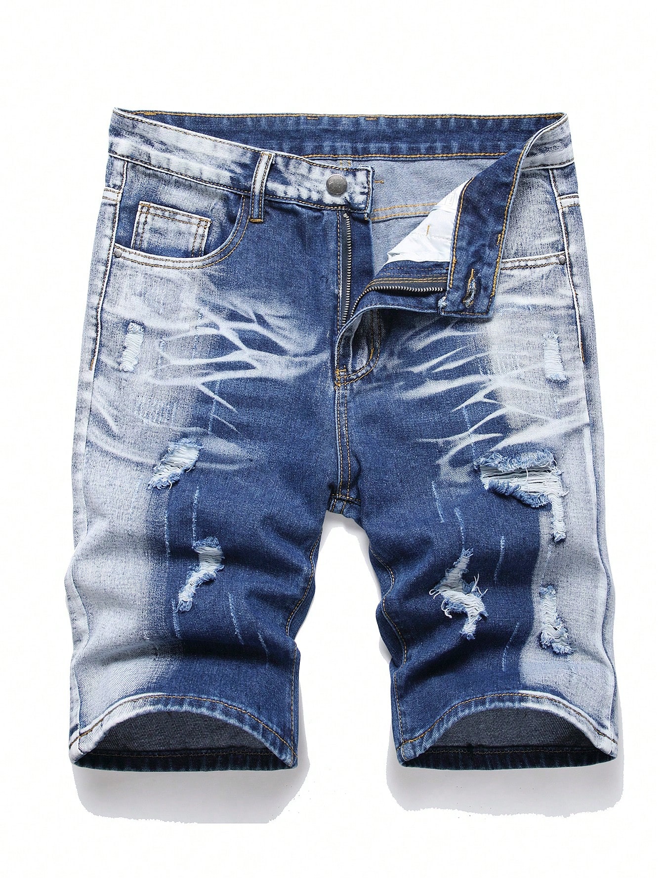 Мужские джинсовые шорты с потертостями в европейском и американском стиле, синий и белый фото