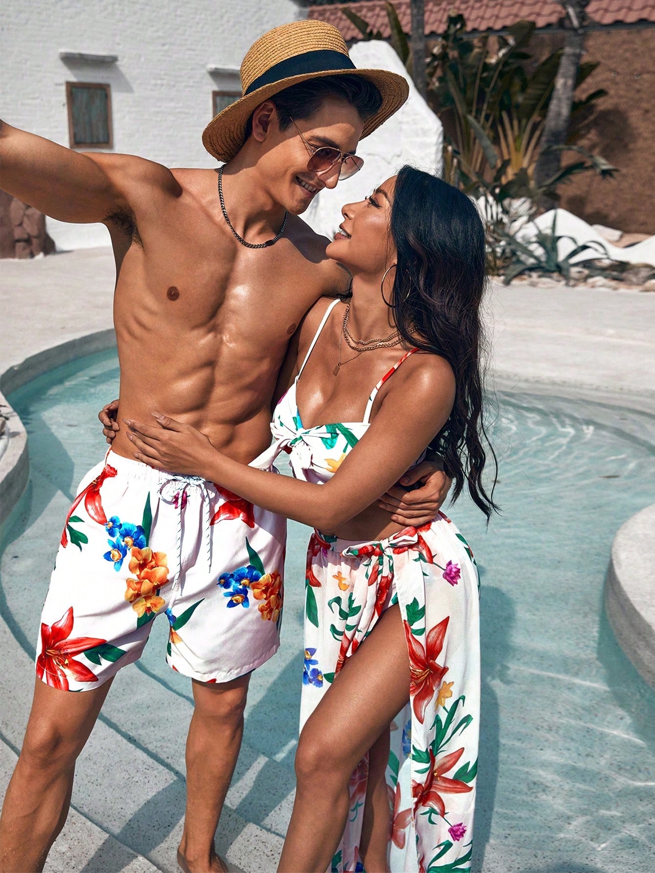 Мужские пляжные шорты с растительным и цветочным принтом, многоцветный
