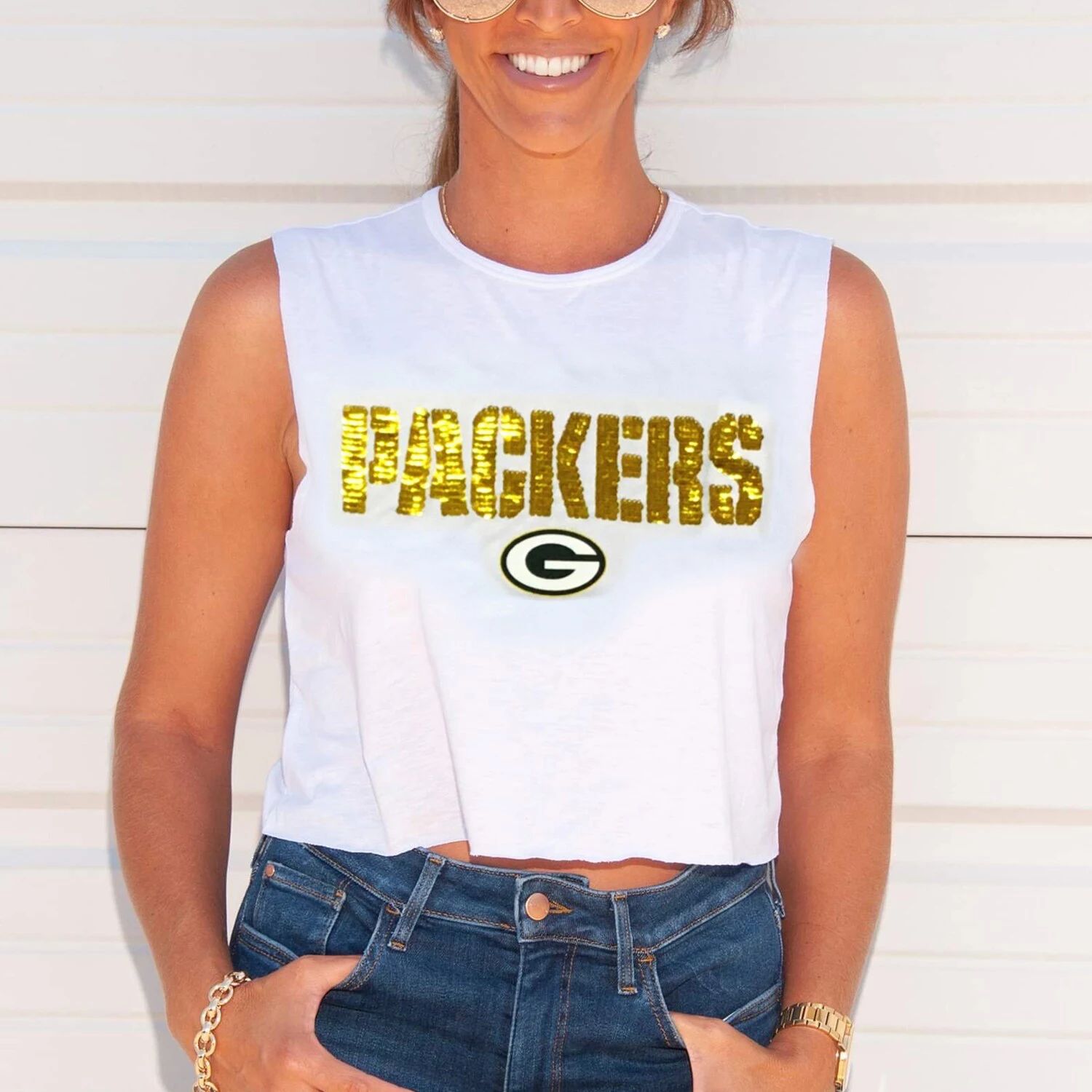 

Женская укороченная майка Cuce White Green Bay Packers с пайетками