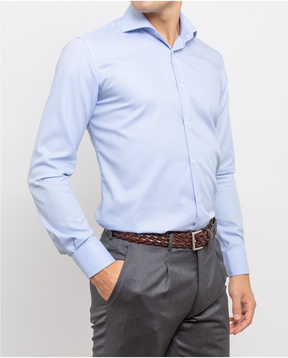 цена Однотонная узкая мужская хлопковая рубашка голубого цвета Wickett Jones, светло-синий