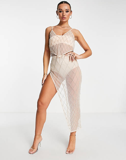

Бежевая юбка миди из сетки с разрезом и декором ASOS DESIGN
