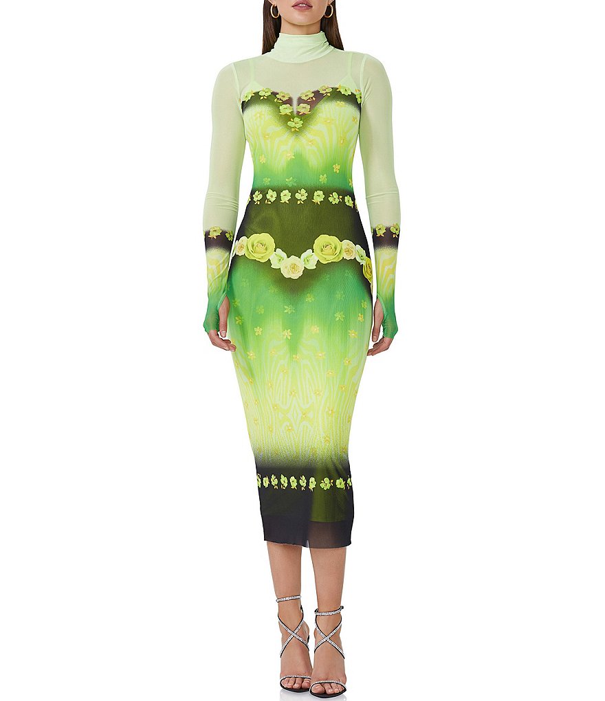 цена AFRM Сетчатое платье миди с высоким воротником и длинными рукавами Shailene с принтом, зеленый