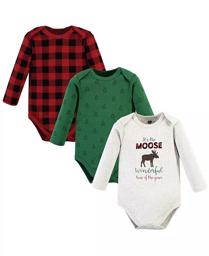 

Хлопковые боди с длинными рукавами унисекс для маленьких мальчиков, Moose Wonderful Time, 3 шт Hudson Baby, зеленый