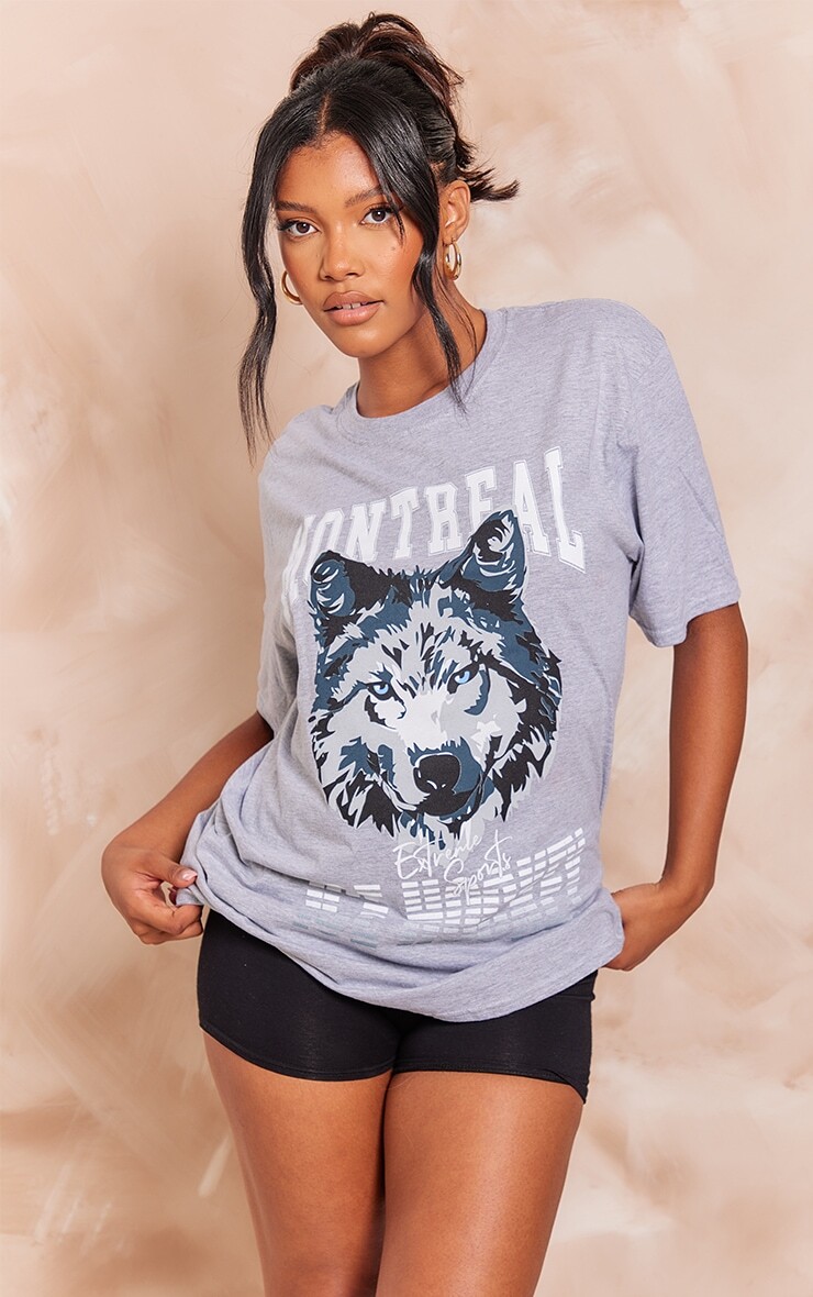 

PrettyLittleThing Серая футболка с принтом Montreal Wolf, Серый