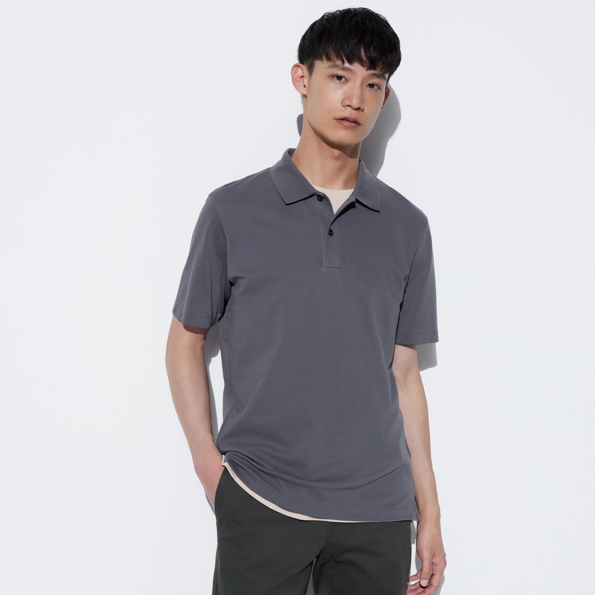 Рубашка-поло UNIQLO AIRism Kanoko из хлопка с коротким рукавом, темно-серый