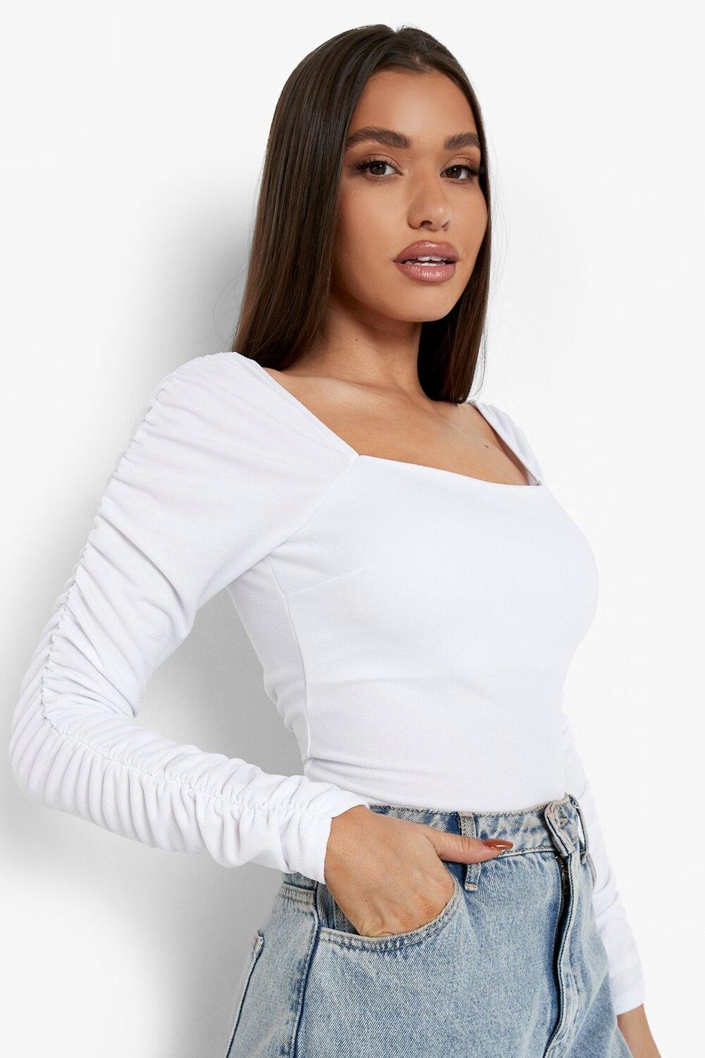 

Топ из крепа с квадратным вырезом и со рукавами Boohoo, белый