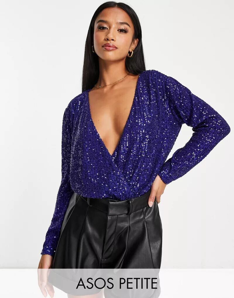 

Синее боди с запахом и пайетками ASOS DESIGN Petite
