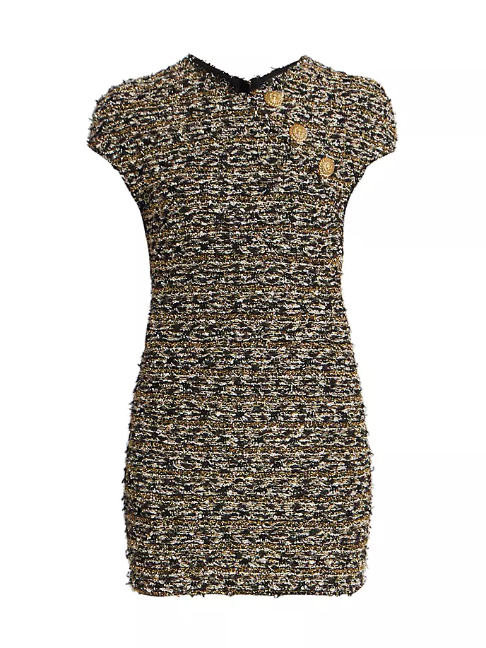 

Твидовое мини-платье-футляр с пуговицами Balmain, цвет black gold