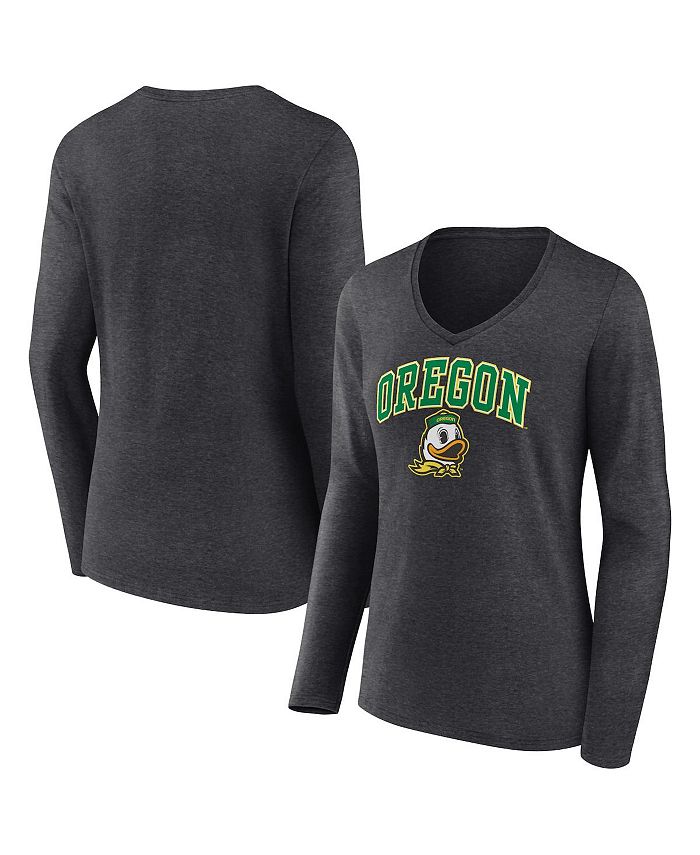 

Женская футболка с длинным рукавом и v-образным вырезом с логотипом Heather Charcoal Oregon Ducks Evergreen Campus Fanatics, серый