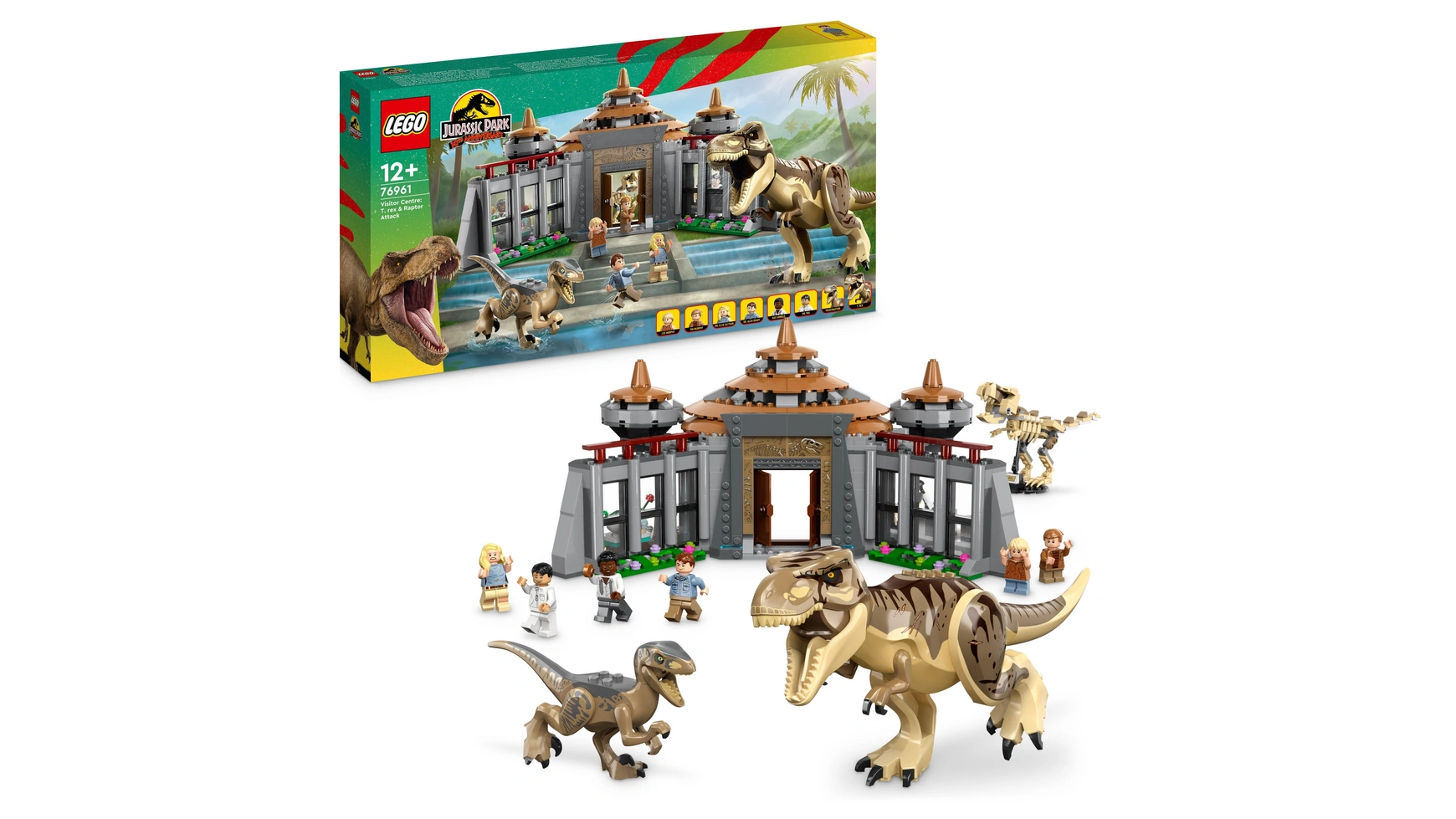 Lego Jurassic Park Ти-рекс и хищник нападают на центр для посетителей минифигурка lego jw059 dennis nedry jurassic park logo on back