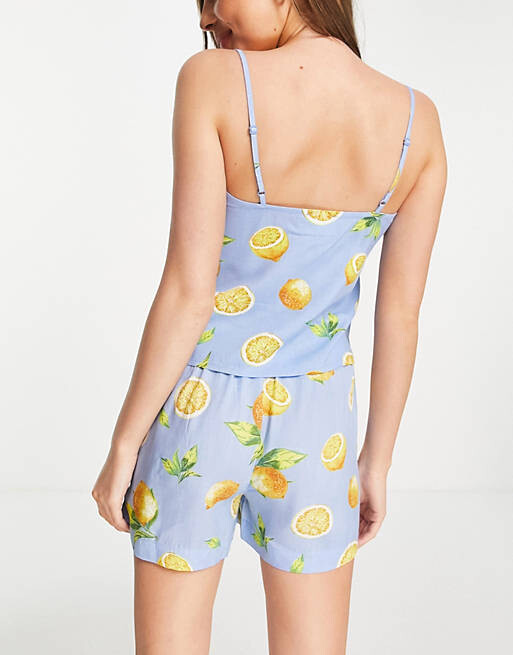 

Синяя короткая пижама с фруктами из модала ASOS DESIGN mix & match