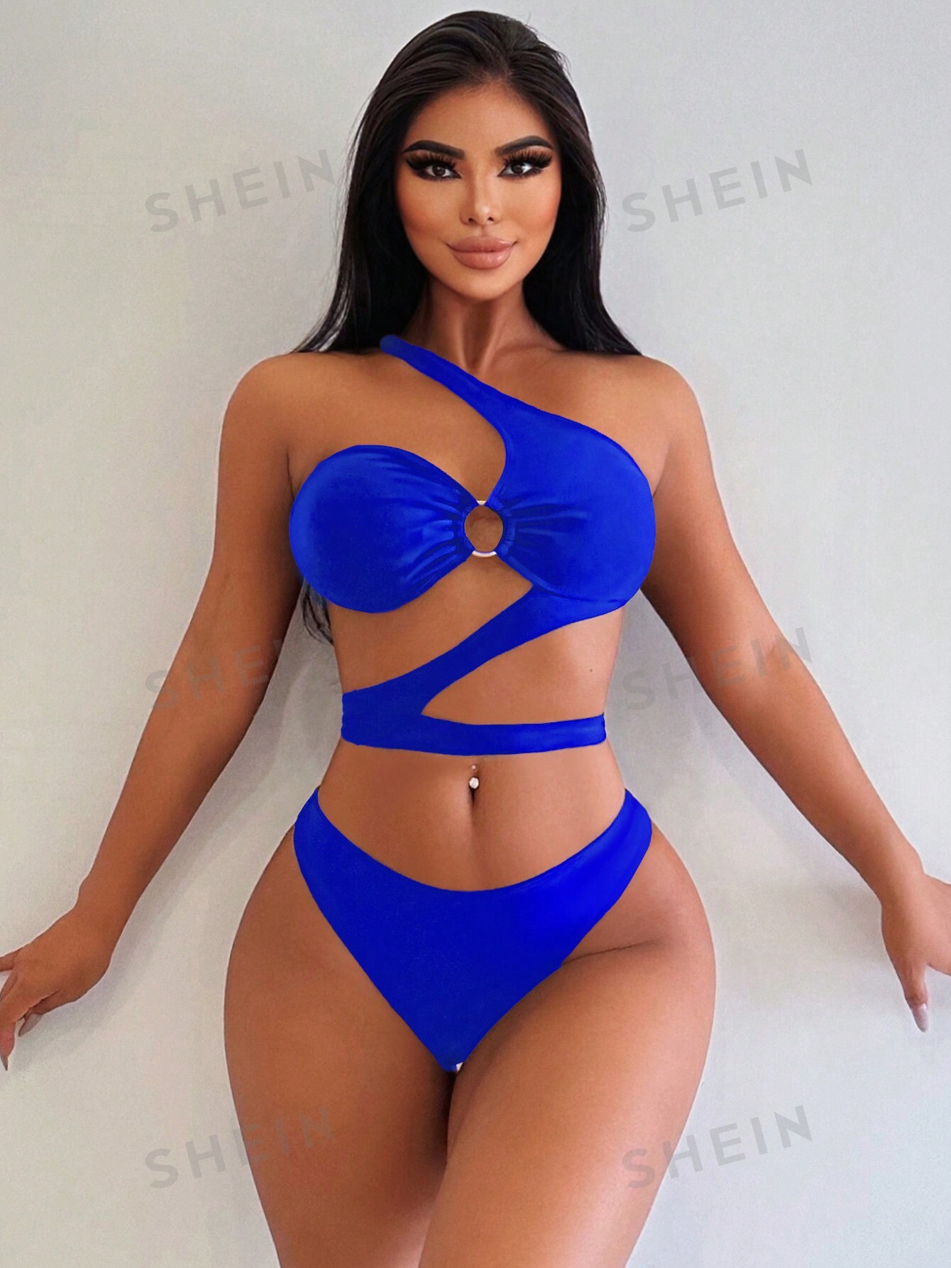 цена SHEIN Swim BAE Элегантный сексуальный комплект бикини на одно плечо с вырезом, синий