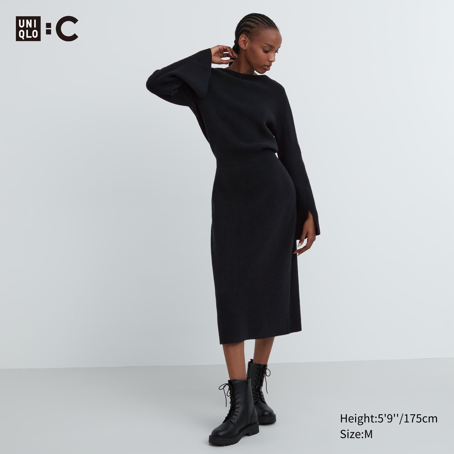 

Трикотажное платье с вырезом лодочкой и длинными рукавами Uniqlo, черный