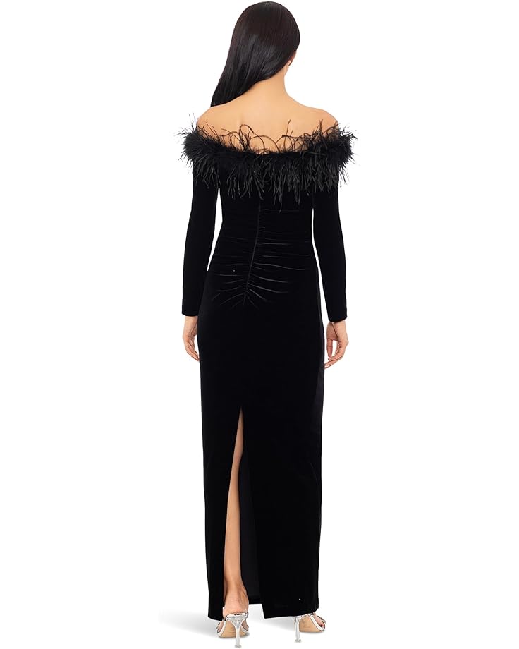 

Платье XSCAPE Off-the-Shoulder Long Sleeve Velvet with Feathers, черный