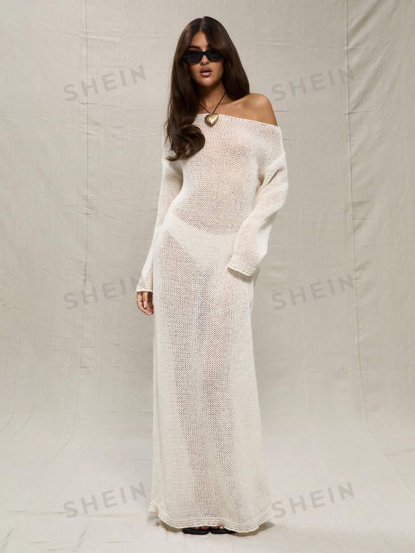 MUSERA Кремовое открытое трикотажное платье макси с открытыми плечами, белый платье свитер vay полуприлегающее макси вязаное размер 54 розовый