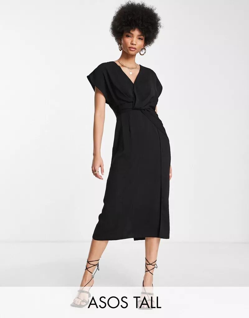 

Черное платье миди со струящимся узлом ASOS DESIGN Tall