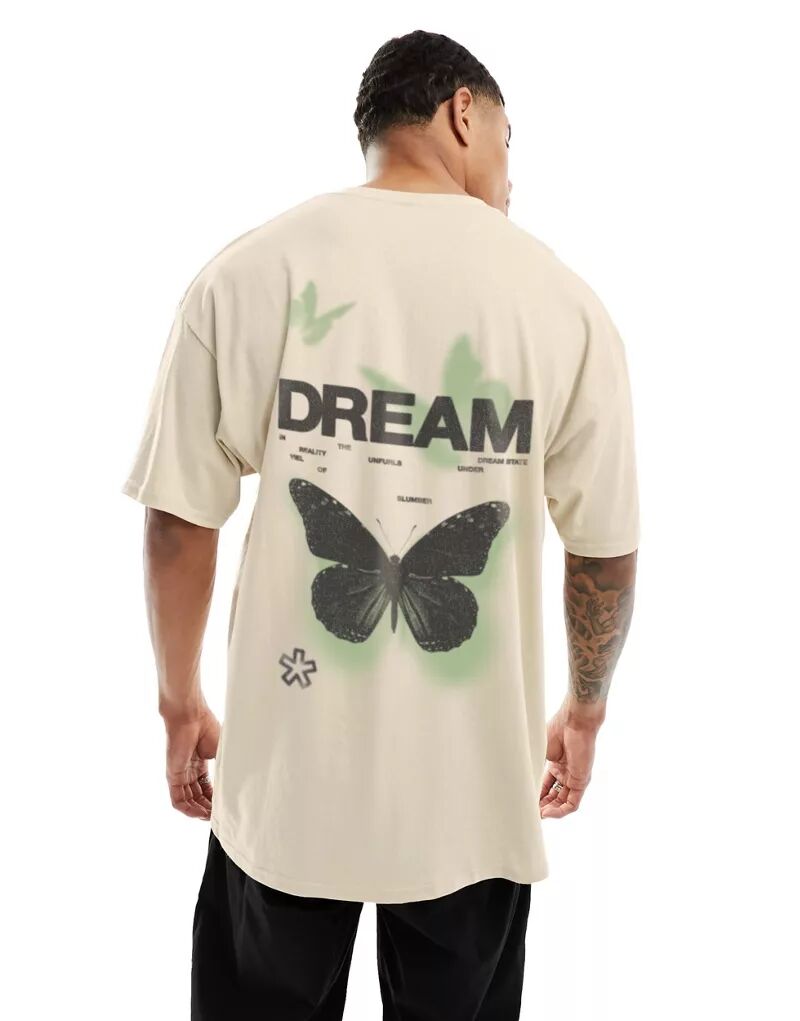 Бежевая футболка оверсайз с принтом бабочки на спине ASOS