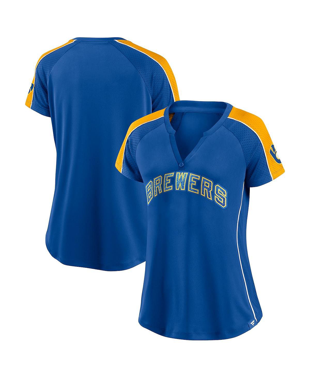 Женская футболка с v-образным вырезом в тонкую полоску реглан Milwaukee Brewers True Classic League Diva с логотипом королевского и золотого цвета Fanatics