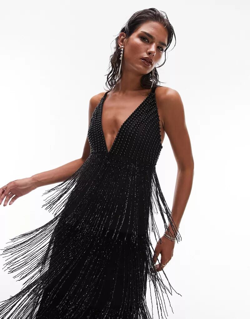 

Черное платье миди премиум-класса с бахромой и бисером Topshop