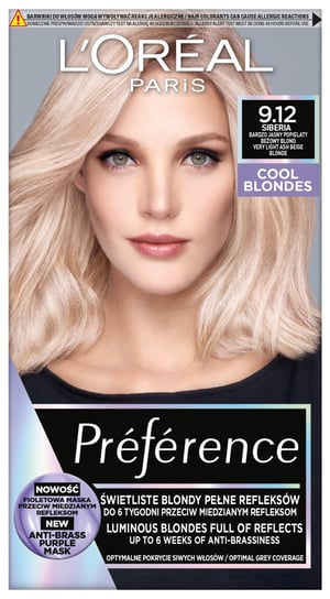 Краска для волос L’Oreal Recital Preference 9.12 Сибирь — Очень Светлый Пепельно-Бежевый Блонд 1 упаковка. 120мл, L'oréal Paris