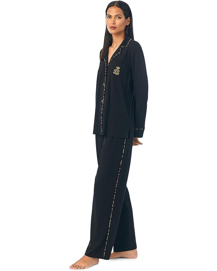 

Пижамный комплект LAUREN Ralph Lauren Knit Long Sleeve Notch Collar Long PJ Set, черный