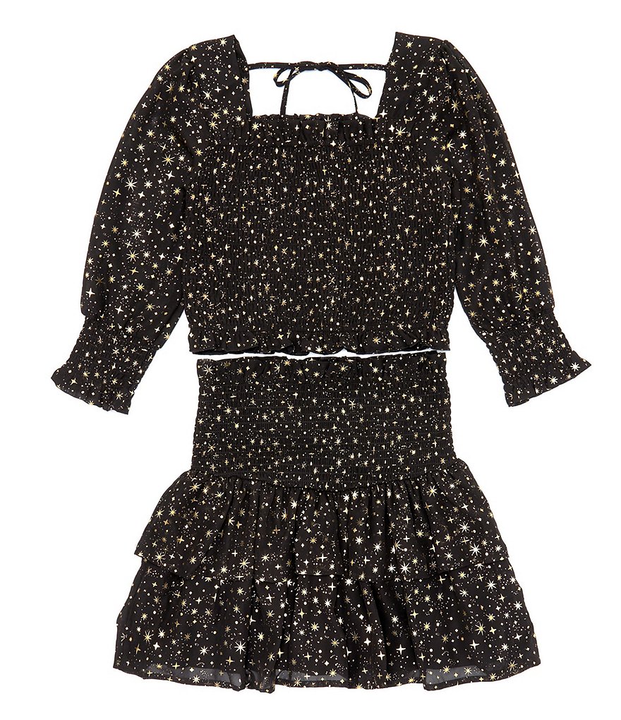 Шифоновая блузка с присборами из фольгированного шифона для больших девочек 7–16 лет и комплект с многоярусной юбкой в ​​тон Tween Diva, черный