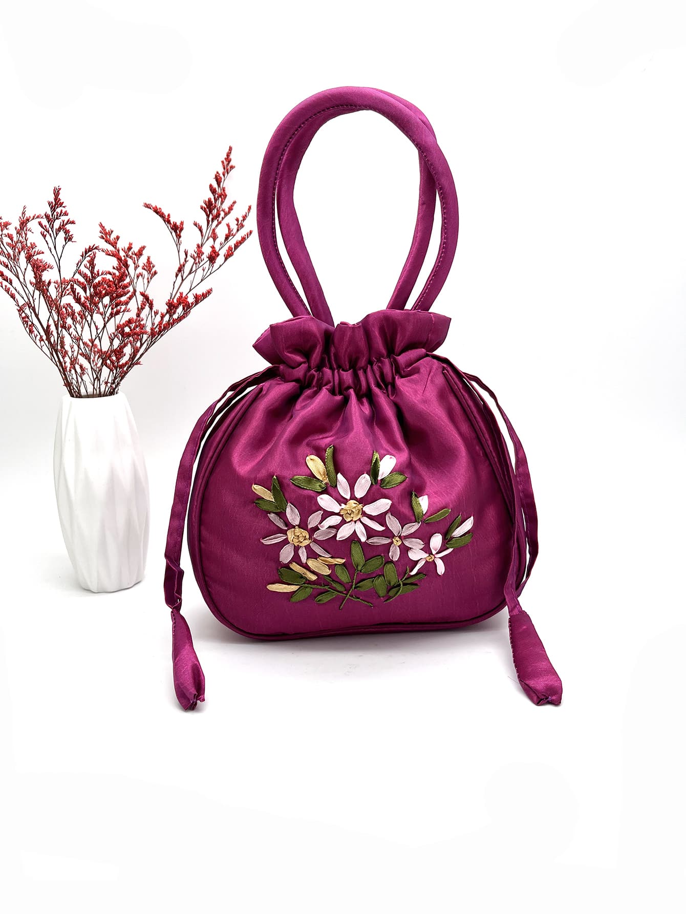 Мини-элегантная сумка-ведро с цветочной вышивкой на шнурке, ярко-розовый