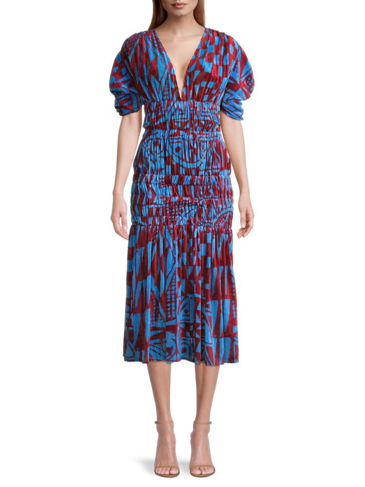 Бархатное платье миди со сборками Stella Jean, цвет Blue Multi