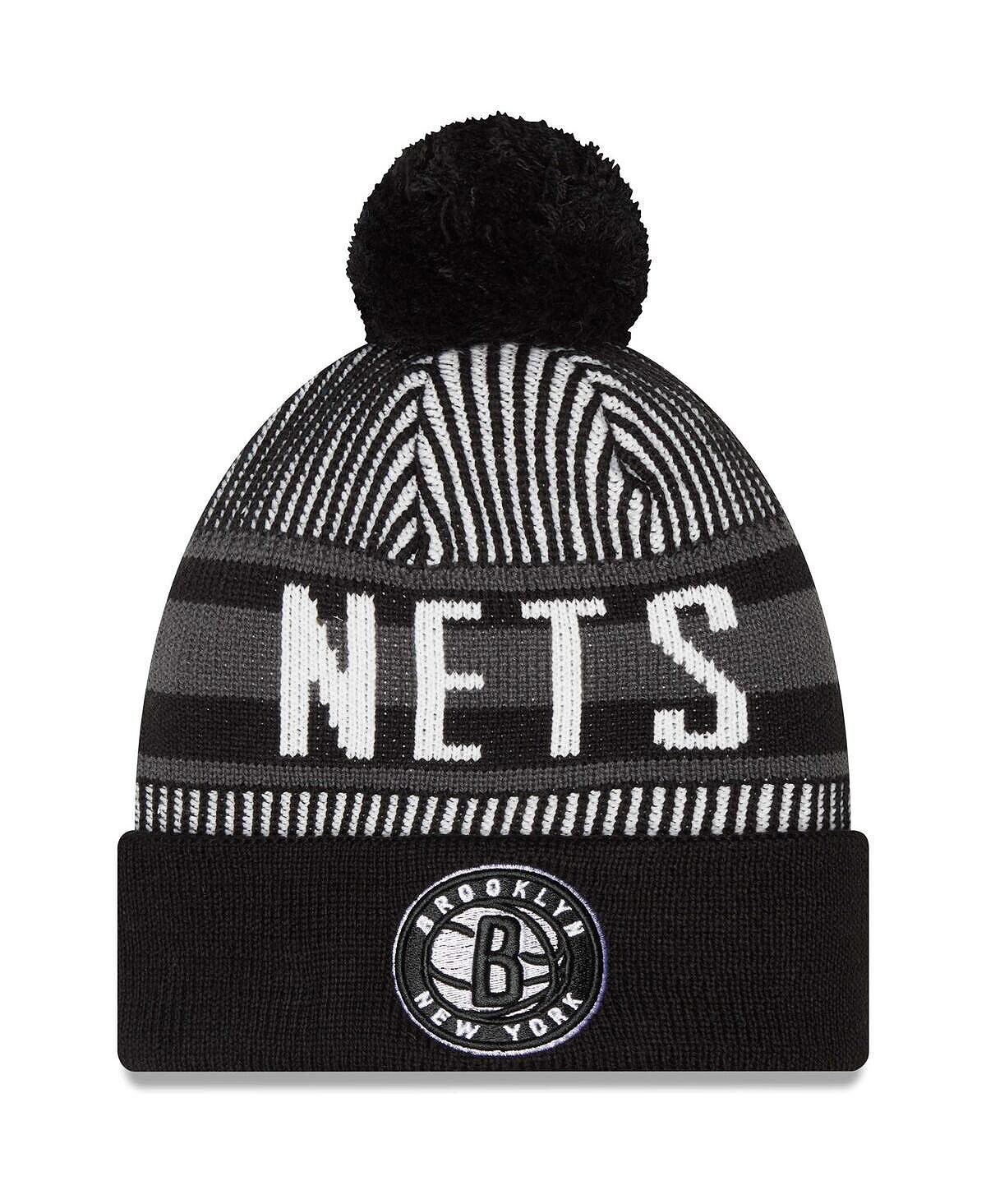 

Мужская черная вязаная шапка Brooklyn Nets в полоску с манжетами и помпоном New Era