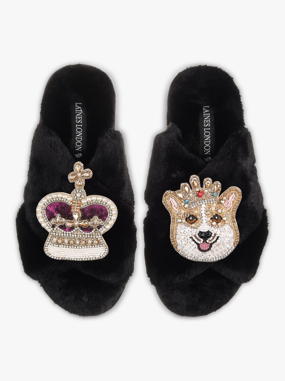 

Тапочки из искусственного меха с брошью Corgi & Crown Laines London, черный