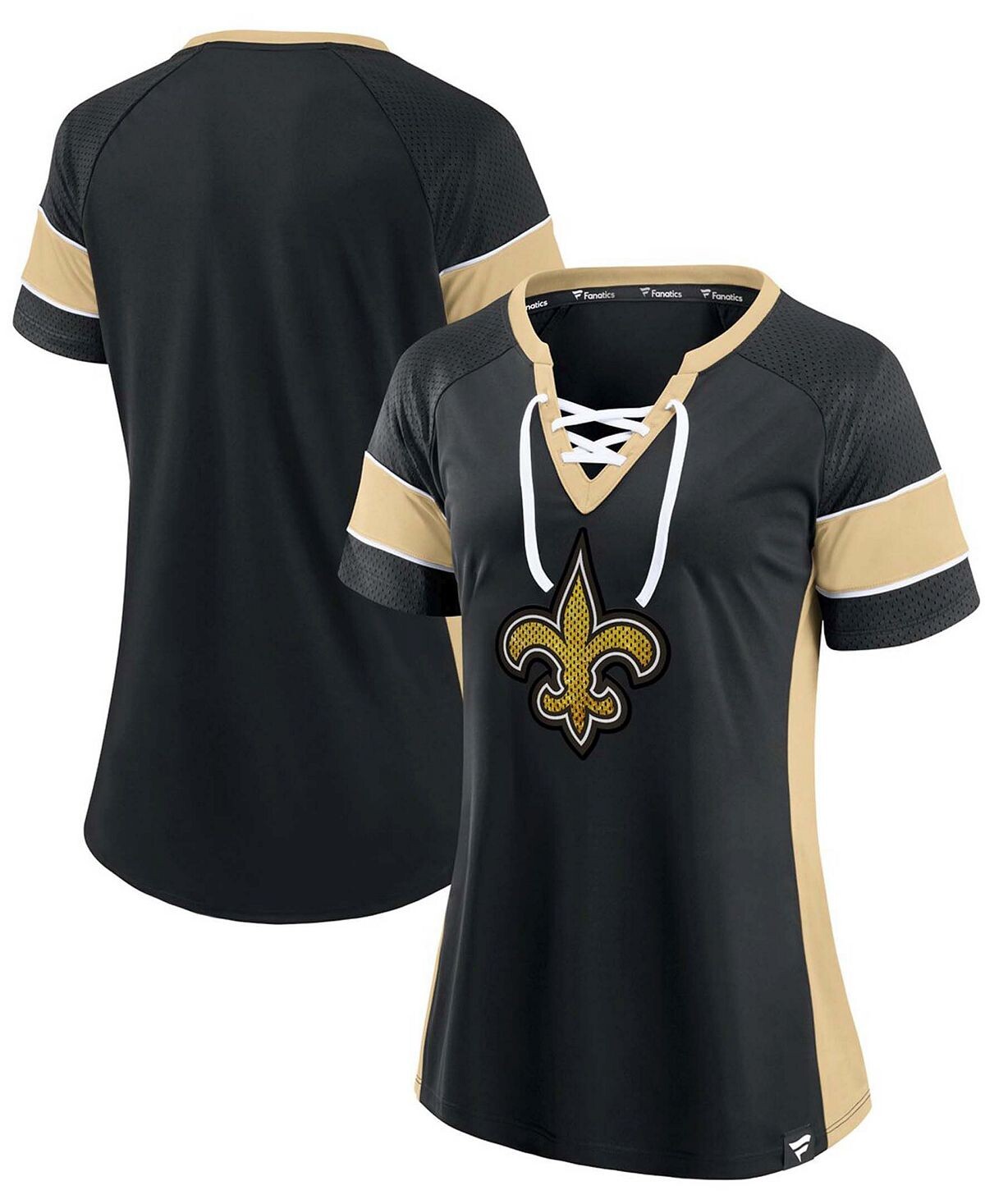 

Женская черная золотистая футболка New Orleans Saints Team Draft Me со шнуровкой реглан Fanatics
