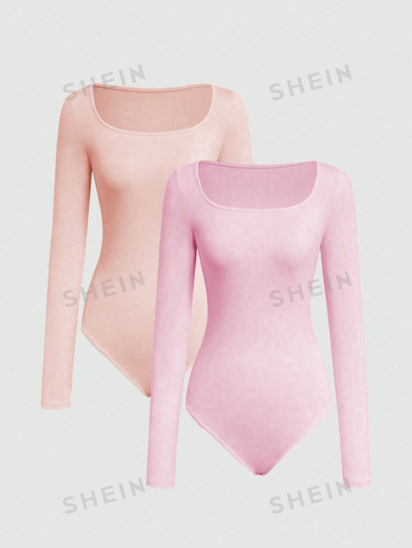 SHEIN MOD Женское однотонное боди с длинными рукавами, коралловый розовый фото