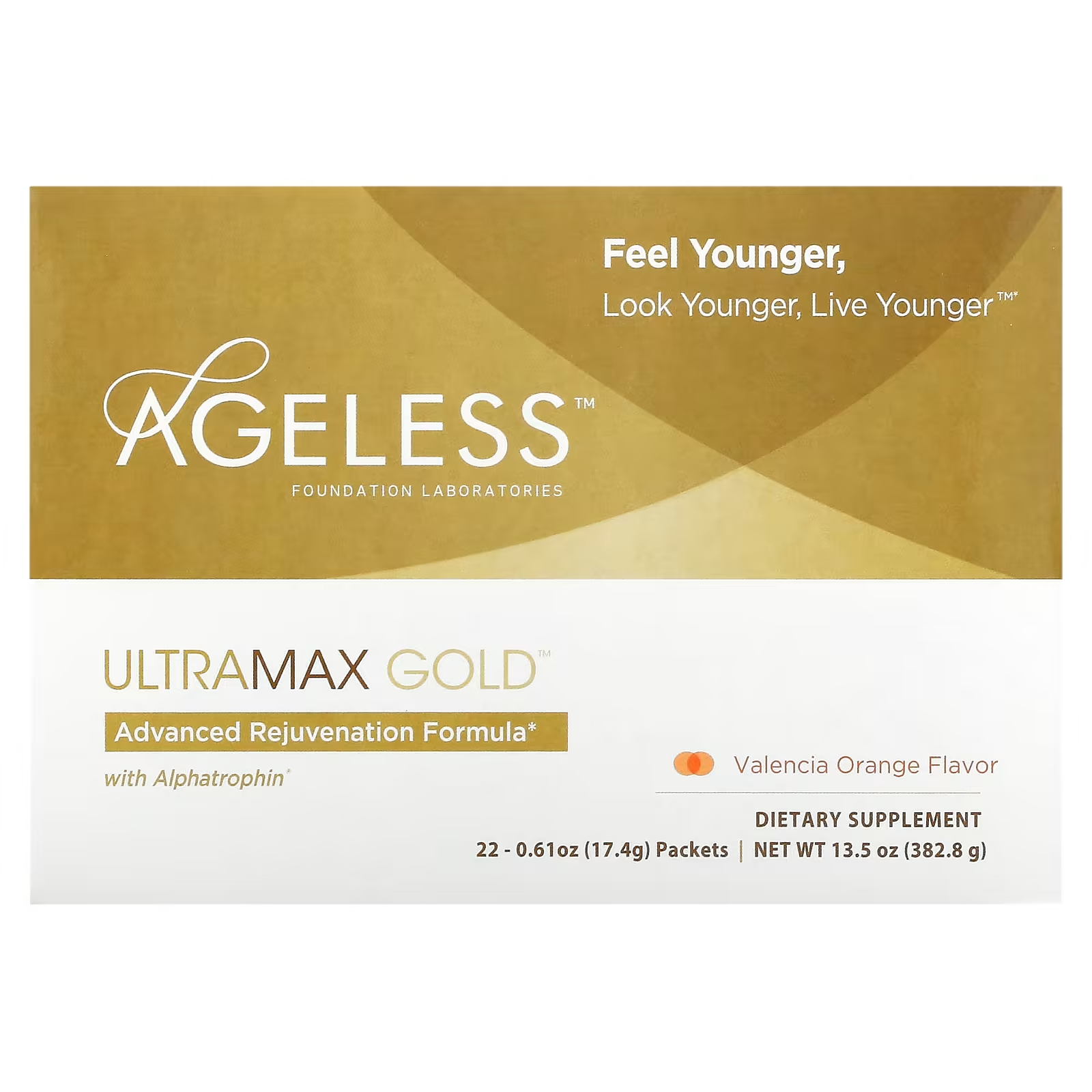 цена Усовершенствованная формула омоложения Ageless Foundation Laboratories UltraMax Gold с альфатрофином, 22 пакета по 17,4 г