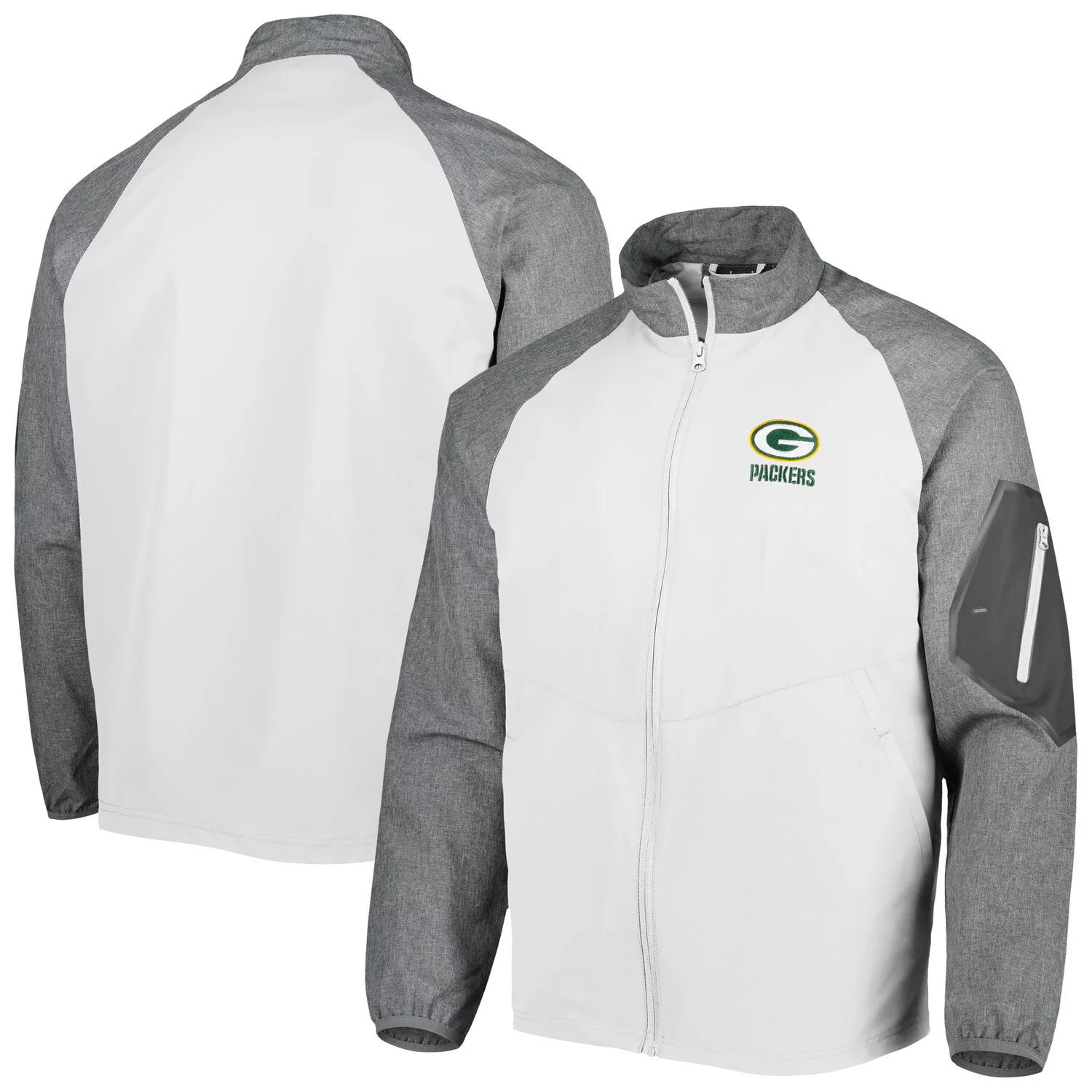 

Мужская ветровка с молнией во всю длину Dunbrooke White Green Bay Packers Hurricane Raglan