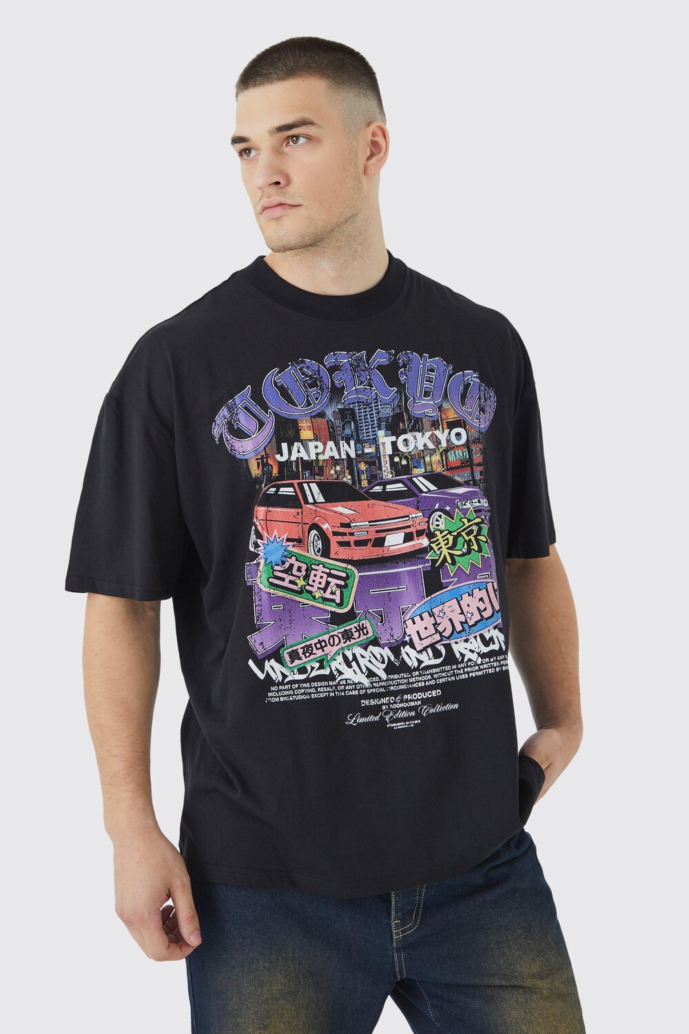 

Высокая футболка оверсайз tokyo drift с графикой Boohoo, черный