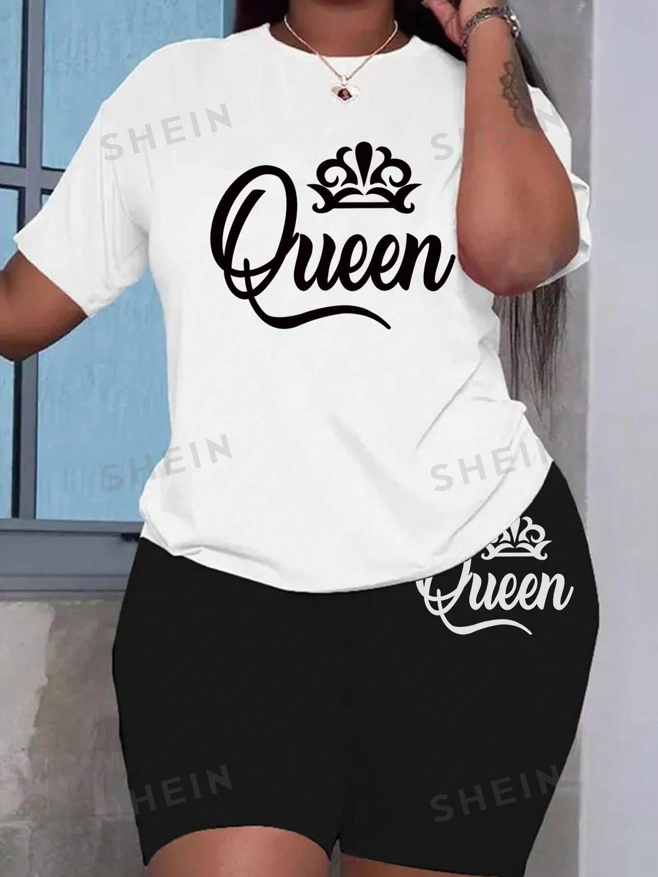 SHEIN Slayr - женский комплект из футболки и шорт с короткими рукавами и принтом короны и букв, черное и белое